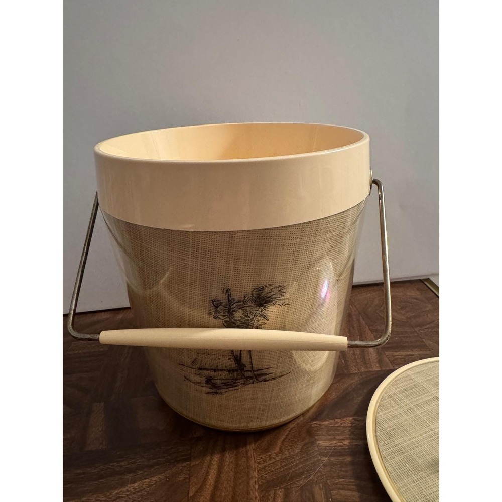 Vintage MCM Tiki Ice Bucket Palm Tree Faux Raffia Made in USA - Picture 5 of 8